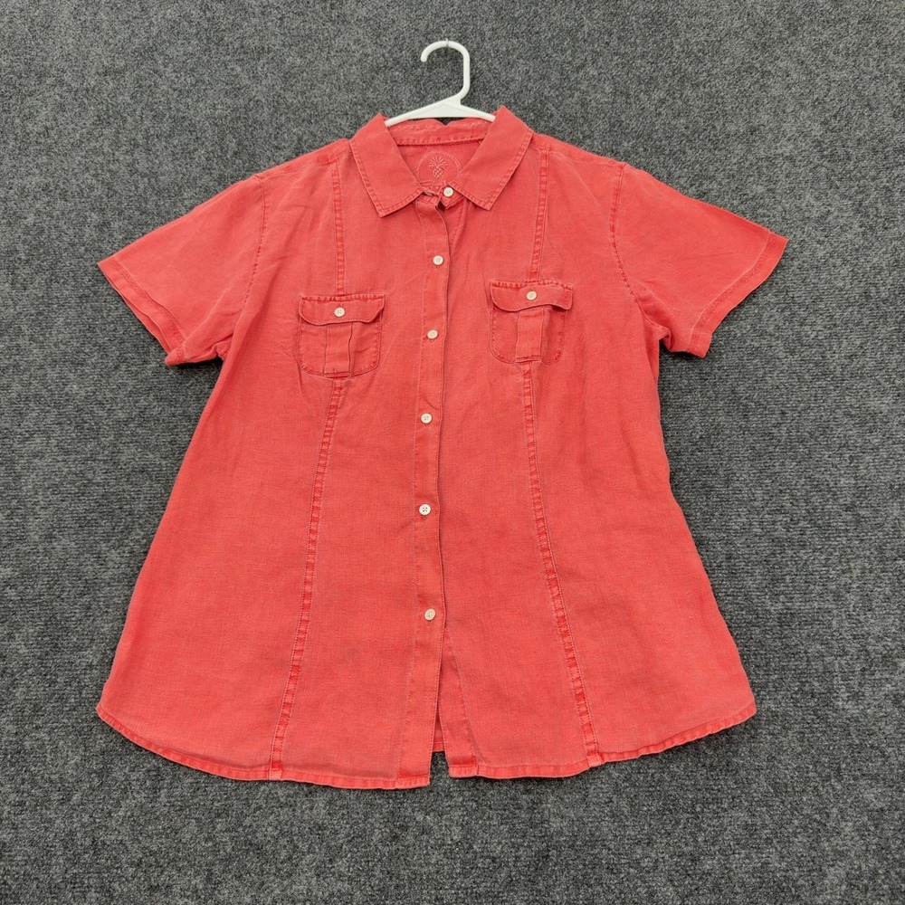 Tommy Bahama Relax Shirt Womens M Pink Linen Short Sleeve Button Up Coastal